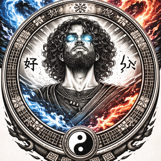 Circular design with a central figure, blue and red elements, and Chinese characters.